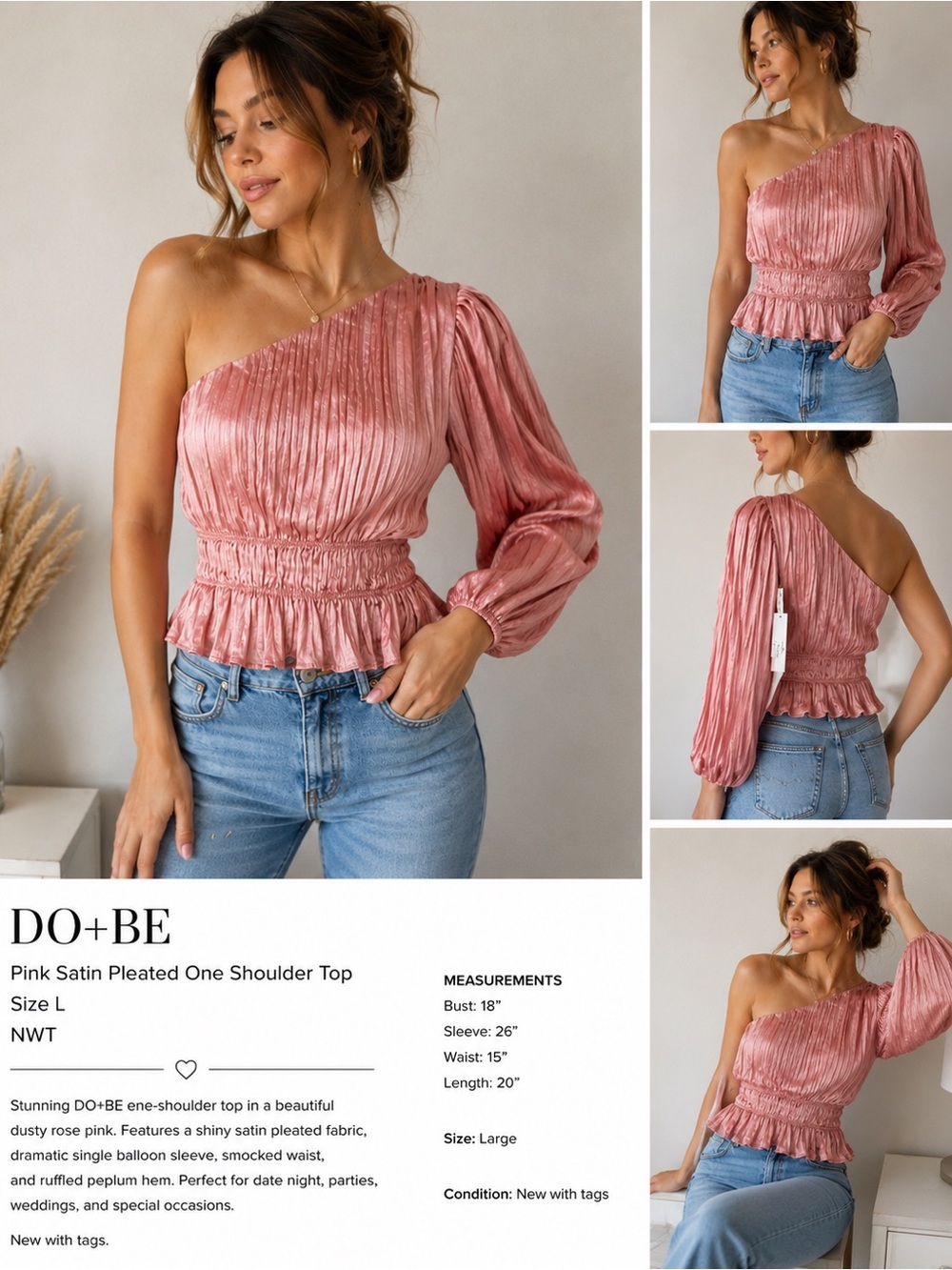 DO+BE Pink Satin Pleated One Shoulder Top Size L NWT Romantic Blouse